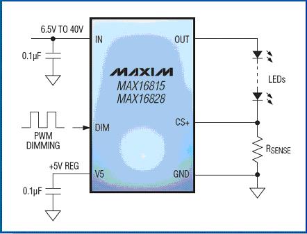 MAX16815/MAX16828 HBLED驱动器的典型应用电路