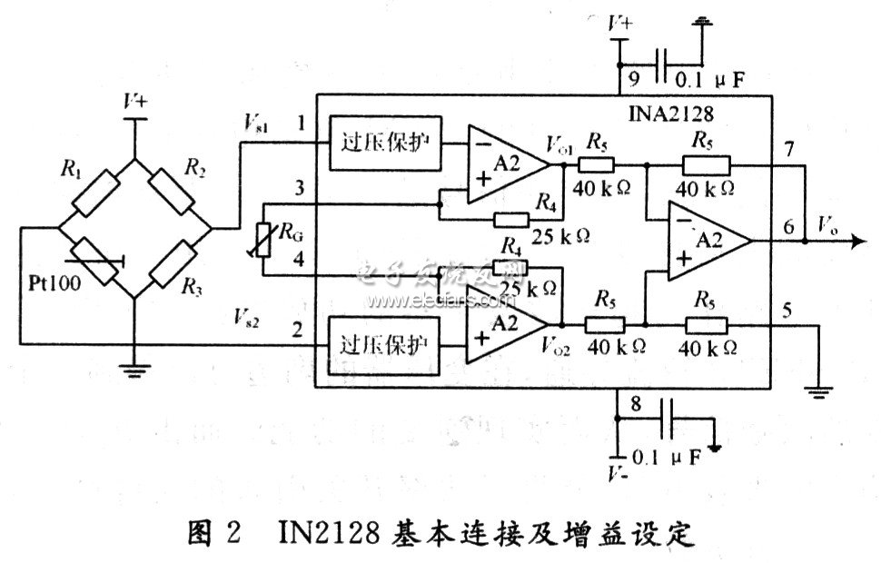 INA2128与PT100构成的前置放大电路