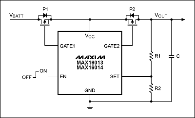 图8. MAX16013和MAX16014可提供有源瞬态保护功能，直接监测电源电压，当检测到故障时，通过控制两个外部p沟道FET开关，断开负载与故障电源。
