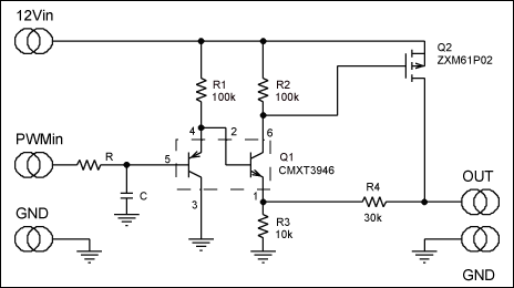 图1. 将低压PWM信号转换成放大、缓冲后的线性输出的简单电路。