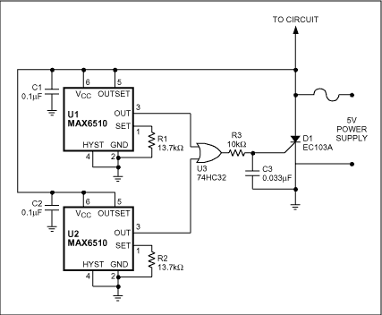 Figure 1. This thermal-protection circuit includes a crowbar device (D1) driven by thermal switches U1 and U2.传感器
