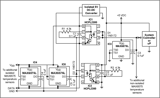 Figure 2. This circuit provides up to eight multiple 'addressable' sensors on a single digital line. Sensors can be isolated or non-isolated, or a mixture of both.