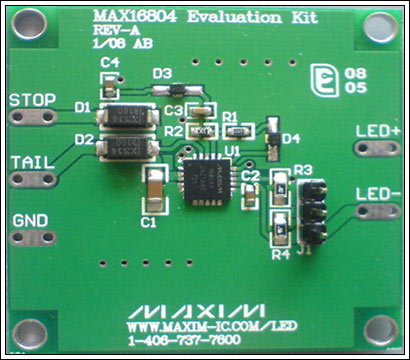 图2. MAX16804评估板PCB (原理图如图1所示)