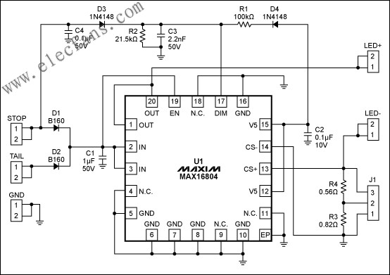 MAX16804高亮度LED驱动器评估板电路原理图