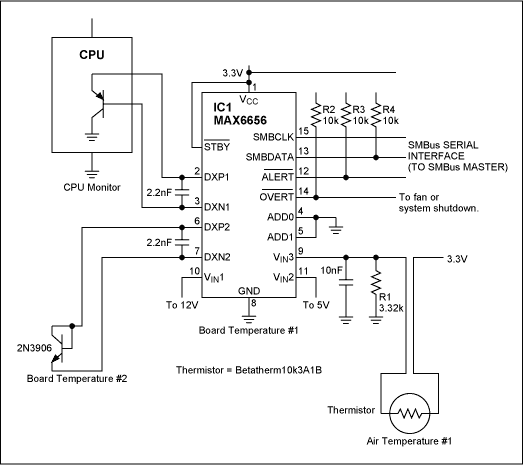 Figure 1. In addition to monitoring the temperature of a CPU (or other IC with a thermal sensing diode) and a circuit board, this circuit also measures air temperature within the box. When any temperature exceeds a programmable limit, an ALERT can be sent to warn the system of an over-temperature condition.