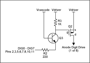 Figure 2. Current boosting the digit drive using an LED supply 10V or higher.