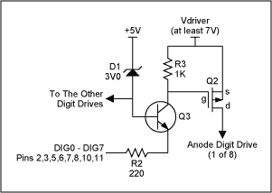 Figure 3. Current boosting the digit drive using an LED supply below 10V.