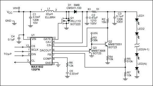 Figure 1. This APD driver (U1) has been modified to provide high-voltage LED modules with software-adjustable intensity control.