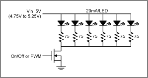 Figure 1. Most applications simply use a fixed bias voltage (5V in this case) and ballast resistors (75Ω in this case) to achieve approximate white LED brightness matching.