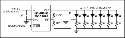 Figure 2. By adding an inexpensive LDO to make the bias voltage automatically variable, brightness matching over white LED lot-to-lot and/or brand-to-brand variation will be substantially improved.