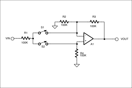 Figure 1. When S1 is open and S2 closed, this circuit is an inverting amplifier with a gain of -1. When S1 is closed and S2 opened, the circuit is a noninverting amplifier with a gain of +1.