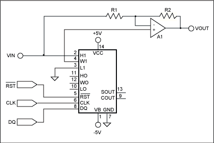Figure 2. Using a digital potentiometer in place of S1 and S2 allows digital control of the gain of this circuit to be swept from -1 to +1. A feature of the DS1267 is that it powers up with the wiper in the center of the pot, resulting in equal levels being present at the inverting and noninverting inputs. This causes no output from the op amp, creating an effective power-on mute function.