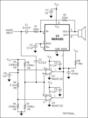 图1. 该电路在没有音频信号时，通过自动关断扬声器驱动器来节省电池功耗。