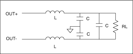 Figure 6. This 2-pole, differential-mode filter serves the example in the text. Inductor values are 4.7µH, capacitor values are 0.047µF, and the speaker impedance (RL) is 8ohm.
