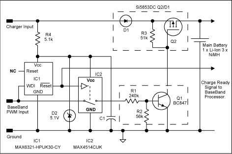 图2、在图1电路中添加IC1、IC2，在处理器停止工作时提供电池保护。