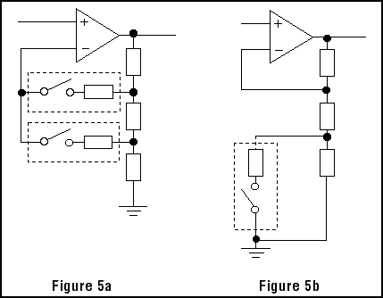 Figure 5. Gain-control circuits are good (a) or bad (b) depending on the amount of current through the switch.