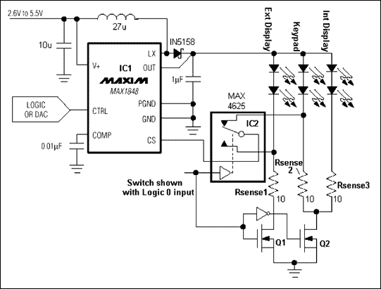 Figure 1.  This circuit in is based around the MAX1848 (IC1) white LED driver.