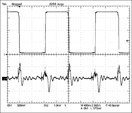 图7. 视频信号为1VP-P时，MAX9509输出随时间的变化(底部图形)，峰值为1.4mVP-P。顶部图形是电荷泵飞电容的电压。