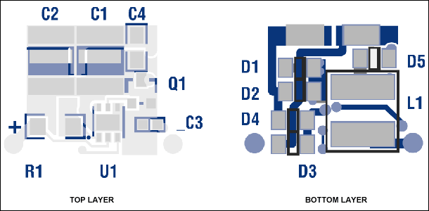 图7. 在5W MR16 LED灯驱动器的PCB丝网印刷层(顶层和底层)上可以看到直流输出的连接焊盘LED+和LED-。