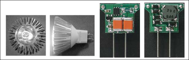 图2. LedEngin基于LED的MR16灯有一个独特的散热片，用于向空中散热。基于MAX16820的灯驱动器电路板放置在散热片后面。