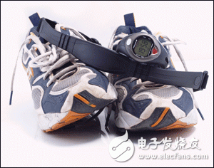 图1. 带有无线通信功能的运动鞋，可以记录跑步者的数据并发送到数字手表显示，提供有价值的反馈