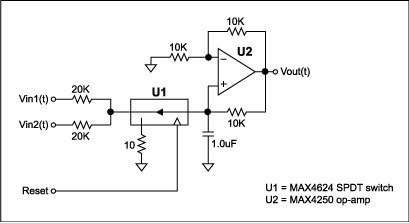 Figure 4. This practical implementation of a Deboo integrator has two analog inputs and a reset input.