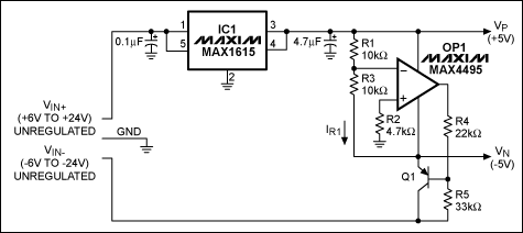 Figure 1. This circuit derives a regulated ± voltage from ± unregulated input voltages.