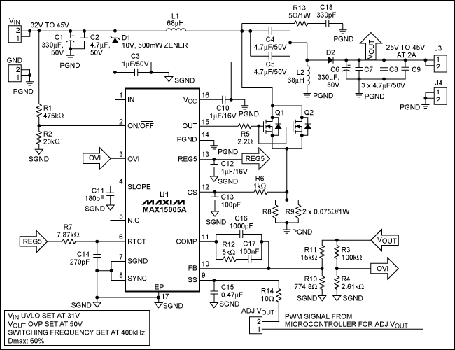 Figure 1. Schematic of the MAX15005A SEPIC converter for FSW = 400kHz.
