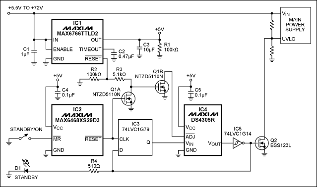 Figure 1. If power fails with no operator present, this circuit remembers its state (STANDBY or ON).