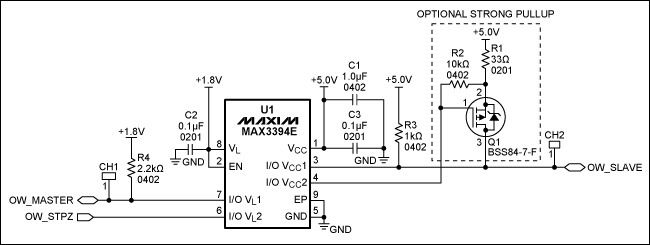 图1. 1-Wire双向电平(1.8V至5V)转换器电路原理图，注意，引脚I/O VL和I/O VCC具有10kΩ内部上拉。