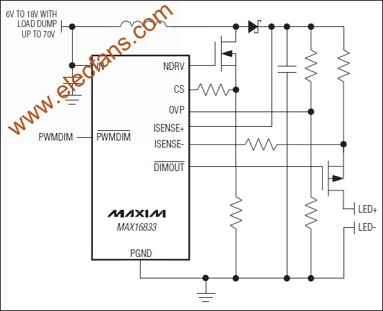 MAX16833/MAX16833B峰值电流控制模式LED驱动器 www.elecfans.com 