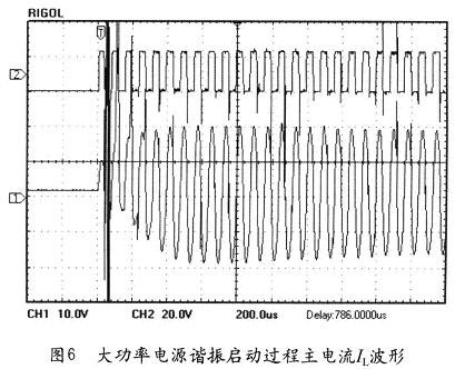 本文研制电源在大功率启动过程的IGBT触发信号和谐振主电流特性曲线