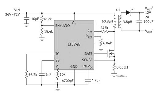 采用主端输出电压检测的 LT3748 反激式转换器