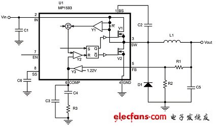  MP1593 典型的外部应用电路及部分内部原理图