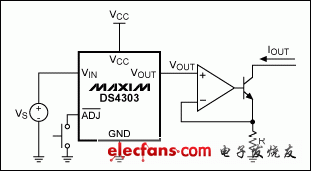 图2. 利用DS4303和几个便宜元件构成高精度电流源，可吸入电流