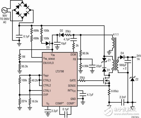 图 1：具主端输出电压检测的 LT3798 反激式转换器