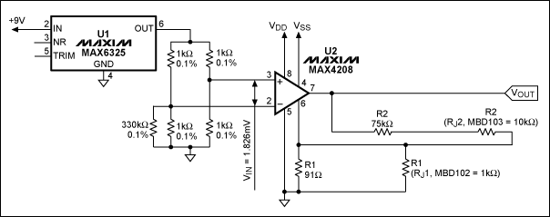 Figure 6. MAX4208 with the combination of external rejustors and resistors to provide a gain of 1000V/V.