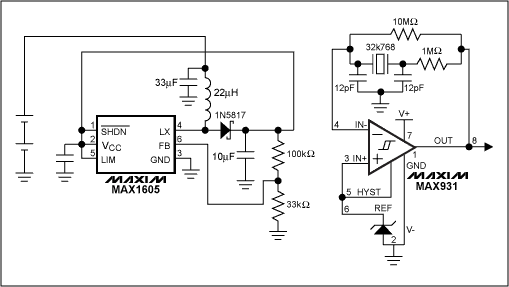 Figure 1. The boost converter operates in its bootstrapped mode, which increases its efficiency. A low-power comparator reduces the current consumption of the 32kHz oscillator used to clock the microprocessor.传感器