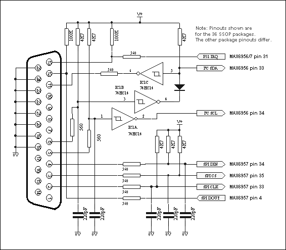 Figure 1. The MAX6956 and MAX6957 connections to the parallel port.