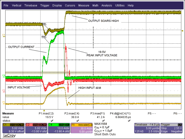 图3. 从波形可以看出，若输入电容只有0.1µF，输入电压会上冲到一个潜在的破坏性高压。