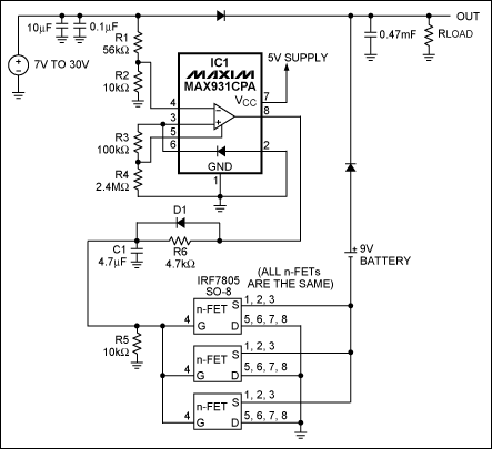 图1. IC1 MAX931比较器用于监测主电源电压。当主电源电压下降到7.4V以下时，它可以通过将电池负端接地接通备用电池。