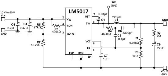  10V~60V 输入至 -10V 输出、300mA 反相升降压应用电路